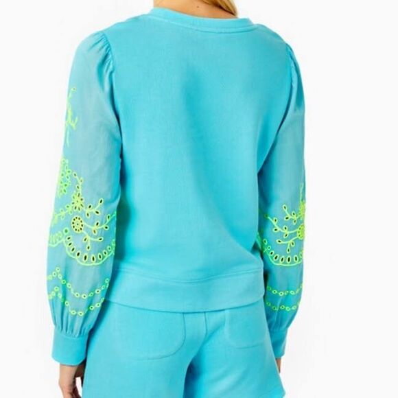 Lilly Pulitzer Alla Terry Sweatshirt Top Eyelet Embroidered Oversized XS 266822 - Picture 9 of 15